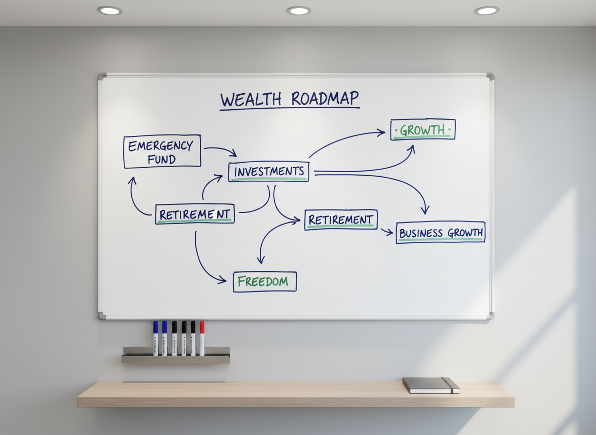 A minimalist, wall-mounted whiteboard in a modern office space, filled with a carefully drawn wealth roadmap. Clean, hand-drawn arrows connect labeled boxes such as “Emergency Fund,” “Investments,” “Retirement,” and “Business Growth,” all written in tidy dark blue marker with occasional accents in soft green. At the bottom edge of the frame, an orderly row of color-coded markers rests on a narrow metal tray. The whiteboard is mounted on a smooth, light gray wall, with a single sleek wooden shelf below holding a closed gray notebook. Overhead recessed lighting and a hint of natural light from the right combine to create even, neutral illumination. Photographic realism, shot straight-on with sharp focus throughout, evoking clarity, planning, and calm professionalism.