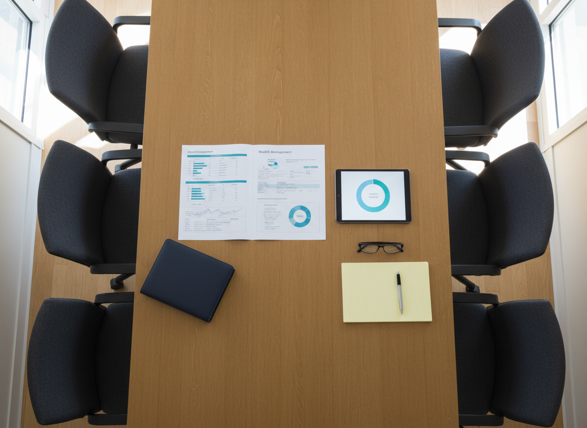 An overhead view of a polished oak conference table arranged for a strategic financial planning session, without any people present. At the center, a large, neatly printed wealth management plan is spread out, showing clean charts, timelines, and color-coded sections in blues and teals. Around it lie a tablet with a glowing, simplified portfolio pie chart, a closed navy leather folio, and a pair of reading glasses folded neatly atop a blank legal pad. The surrounding chairs are pushed in, their dark fabric creating a subtle frame. Soft, indirect daylight from tall windows off-frame creates a balanced, professional light with gentle reflections on the tablet screen. Photographic realism, top-down composition with moderate depth of field, conveying order, preparation, and confident decision-making.