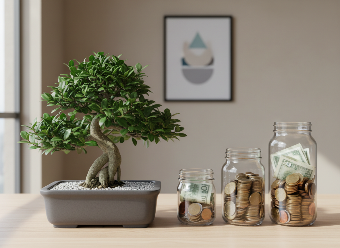 A symbolic still life of long-term financial growth: a small, thriving bonsai tree with dense green foliage, planted in a matte charcoal rectangular pot filled with fine gravel, placed on a smooth light-wood surface. Next to the bonsai, three transparent glass jars of different heights are arranged in ascending order, each partially filled with neatly stacked coins and a few folded notes, subtly increasing from left to right. Behind them, a blurred, neutral-toned wall and a minimal framed abstract print create a calm backdrop. Gentle afternoon light from a side window washes over the scene, creating soft shadows behind the jars and a delicate sheen on the glass and coins. Photographic realism, shot at a slightly low angle with shallow depth of field, evoking patience, disciplined growth, and quiet confidence.