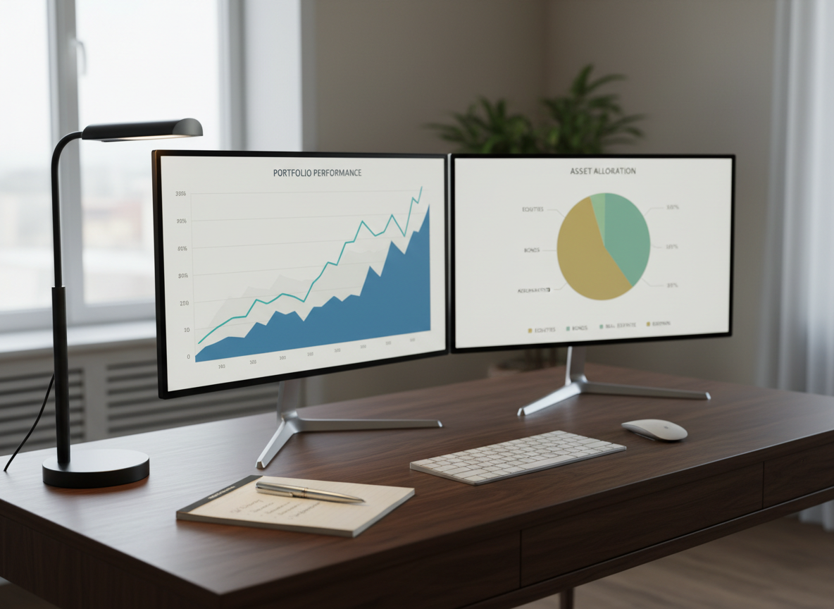 A sleek dual-monitor setup on a tidy dark wood desk, both screens displaying different aspects of a diversified investment portfolio: one with a calm, upward-trending line graph in blues, the other with a balanced asset allocation pie chart. A minimalist wireless keyboard and mouse sit precisely aligned, with a single metal pen resting on a small, open notepad featuring neatly written bullet points. To the side, a slim black desk lamp with a matte finish provides focused, warm light onto the writing area, while cool ambient daylight from a window behind the camera illuminates the rest of the space. Photographic realism, captured from a three-quarter angle with moderate depth of field, creating a sophisticated, analytical, yet approachable atmosphere ideal for a professional wealth management blog.